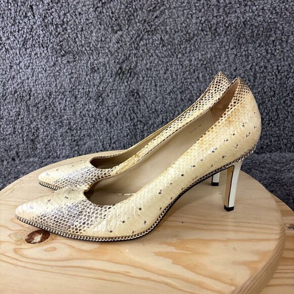 Rachel Zoe Snakeskin Heels Womens 9 Leather Tan Brown Stiletto Slip On Point Toe - Picture 1 of 11